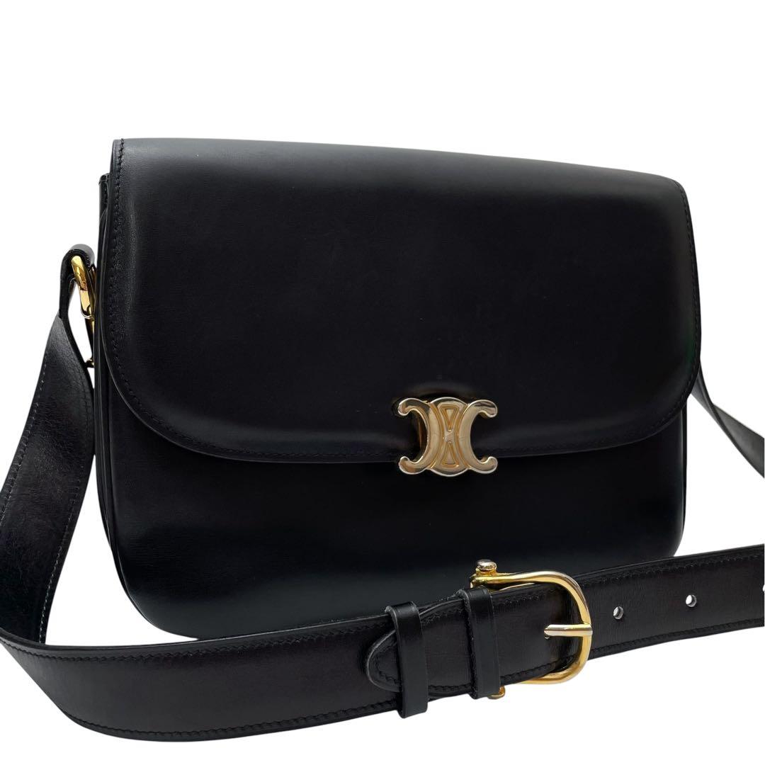 Celine Leather Triomphe Shoulder Bag Gold Black