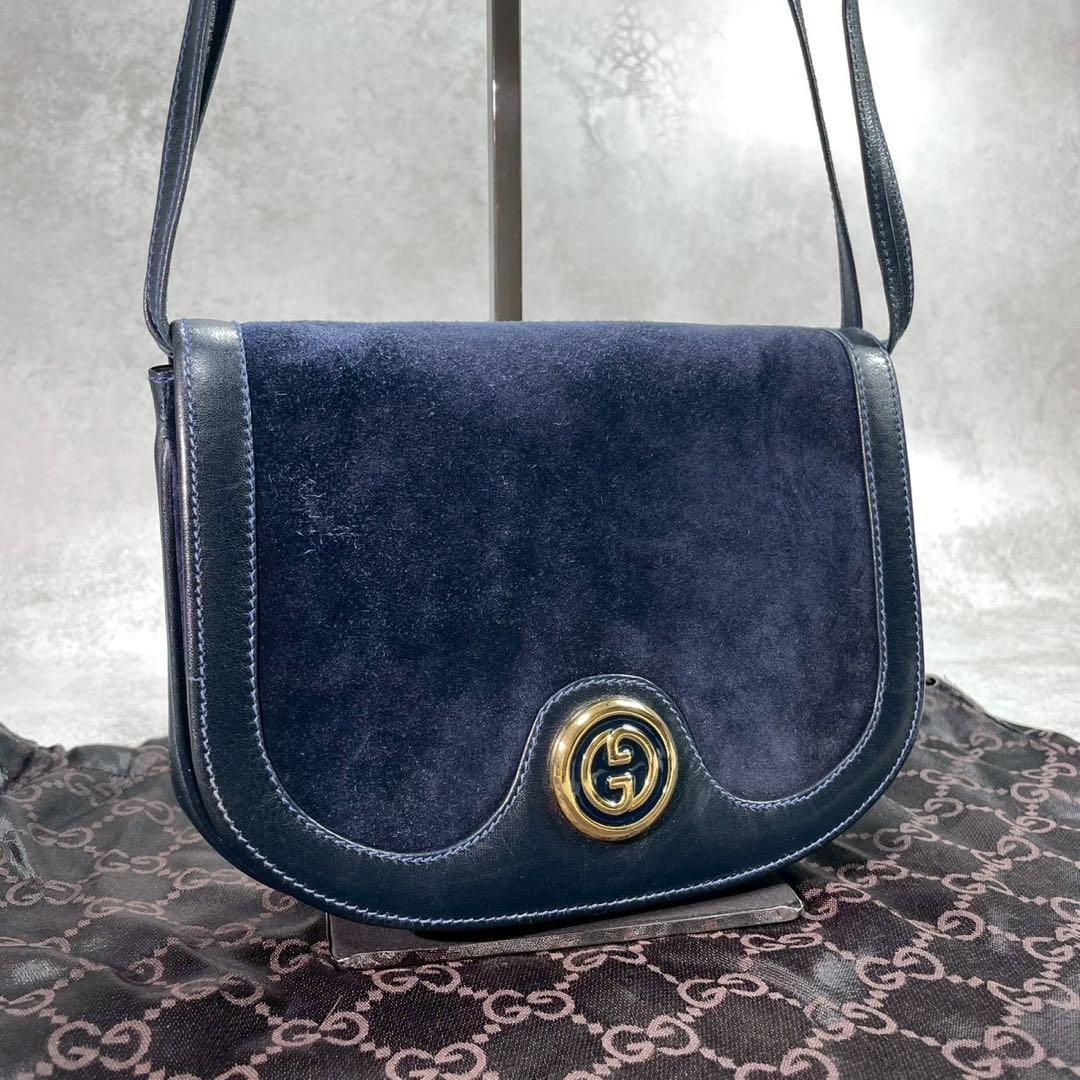 Gucci Shoulder Bag Suede Navy Gold Leather