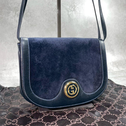 Gucci Shoulder Bag Suede Navy Gold Leather