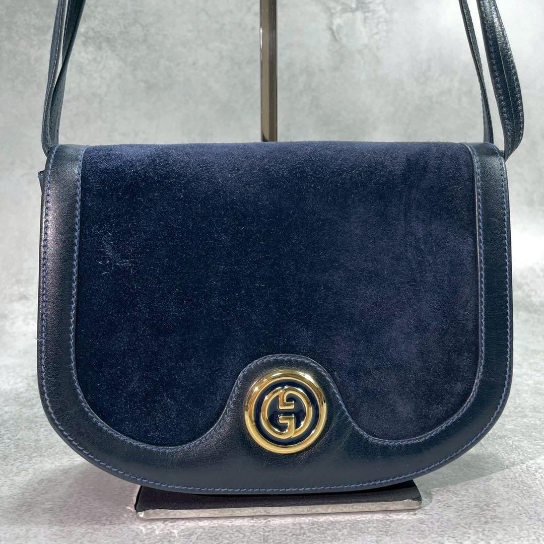 Gucci Shoulder Bag Suede Navy Gold Leather — view 2