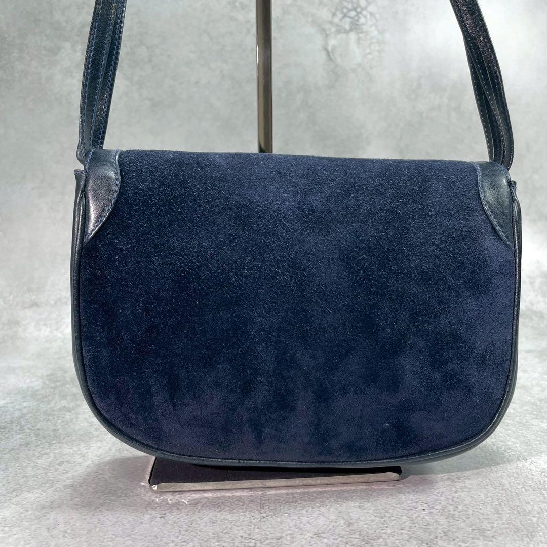 Gucci Shoulder Bag Suede Navy Gold Leather — view 3
