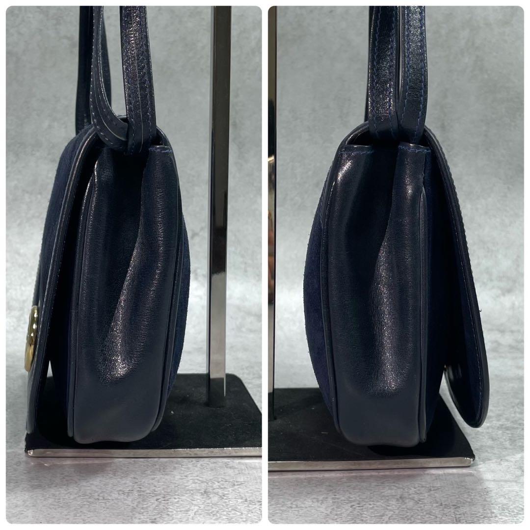 Gucci Shoulder Bag Suede Navy Gold Leather — view 7