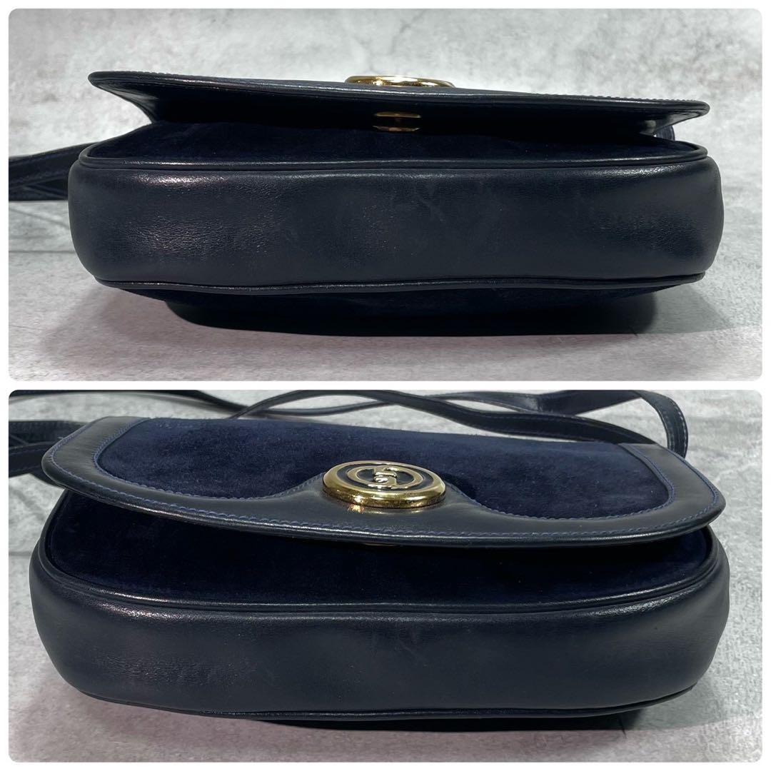 Gucci Shoulder Bag Suede Navy Gold Leather — view 8