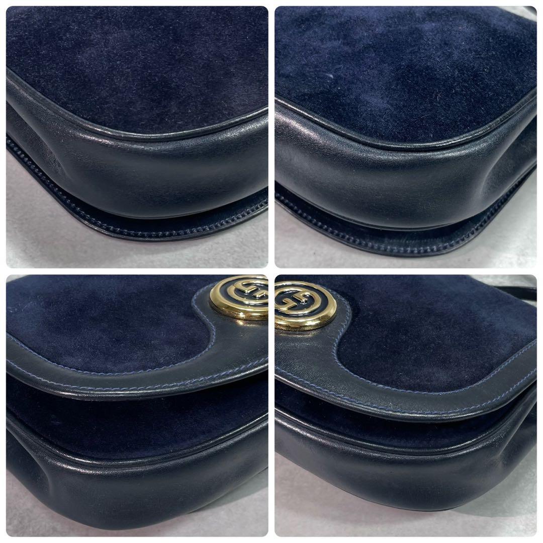 Gucci Shoulder Bag Suede Navy Gold Leather — view 9