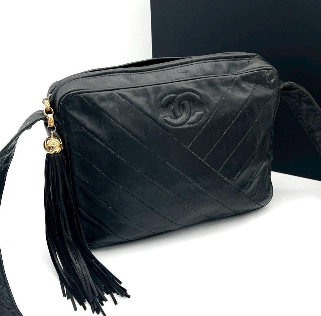 Chanel Stitch Fringe Chain Shoulder Bag Black Lambskin