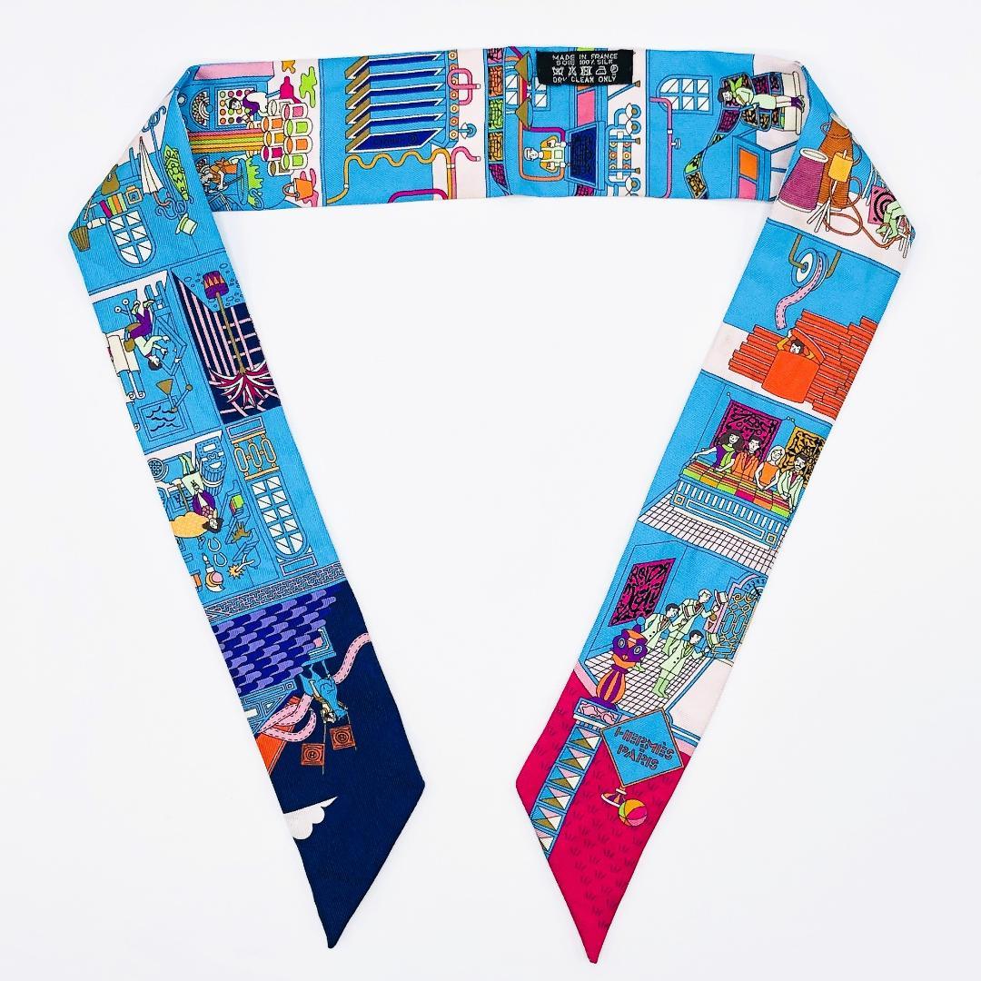Hermes Twilly Maison Decalet Scarf Blue with Tags