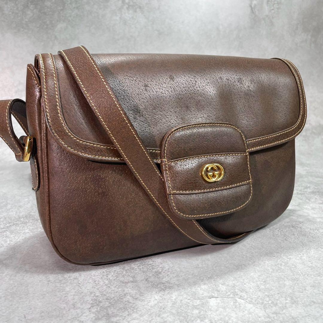 Gucci Shoulder Bag Brown Logo Gold Leather