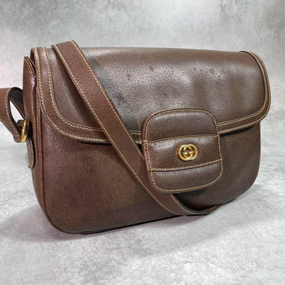 Gucci Shoulder Bag Brown Logo Gold Leather