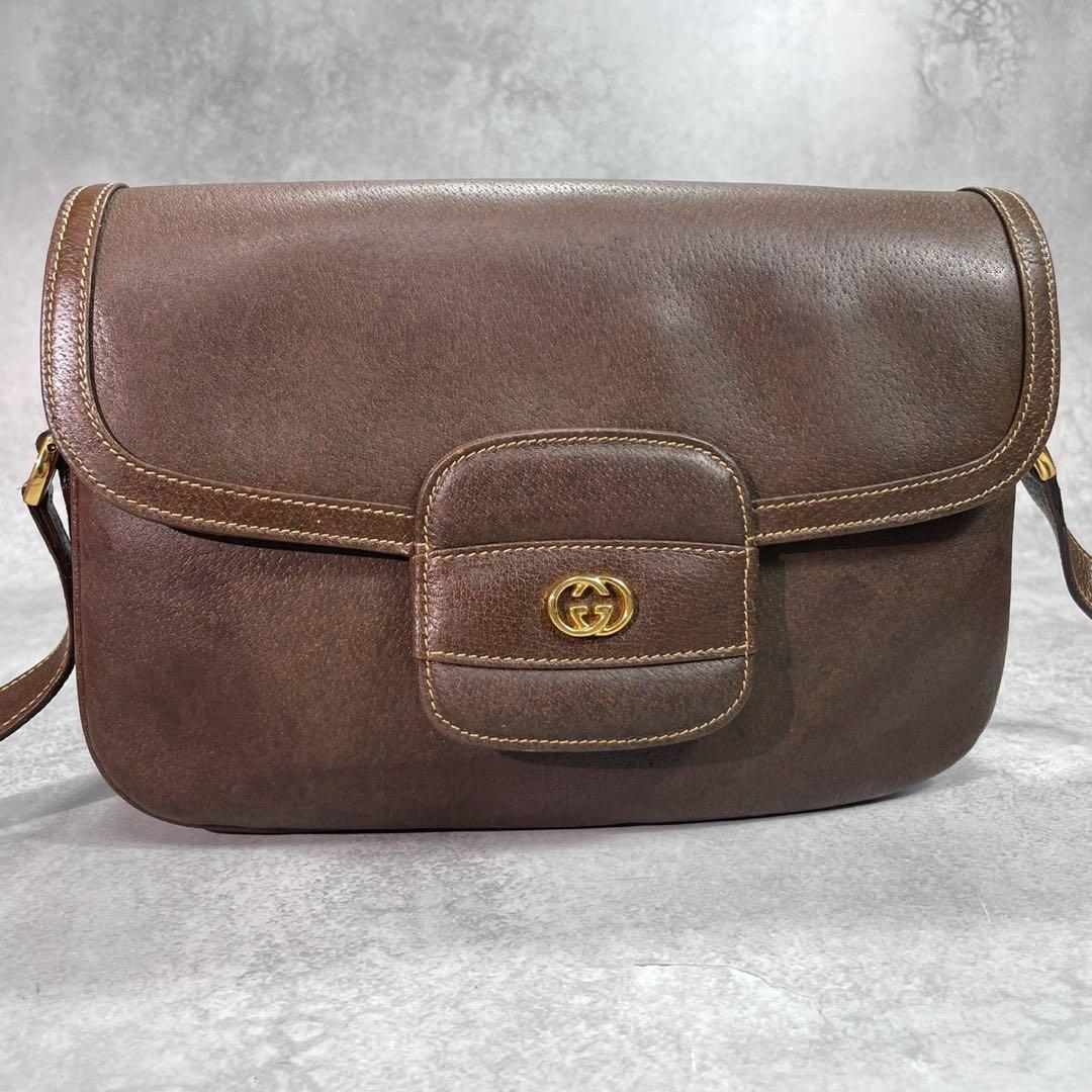 Gucci Shoulder Bag Brown Logo Gold Leather — view 2