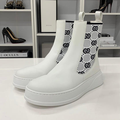 Unused Gucci GG Supreme Leather Logo Side Gore Boots White