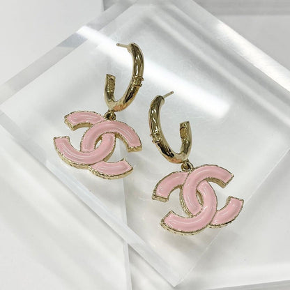 Chanel Earrings CC Logo Hoop Gold Pink