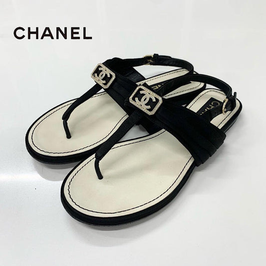 Chanel CC Logo Satin Line Stone Thong Sandals Black
