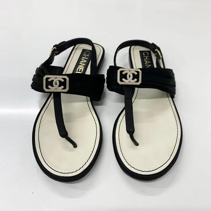 Chanel CC Logo Satin Line Stone Thong Sandals Black — view 2