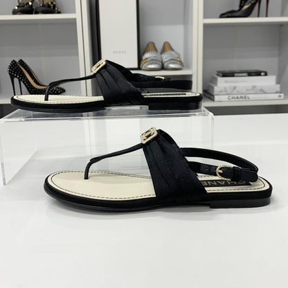 Chanel CC Logo Satin Line Stone Thong Sandals Black — view 3