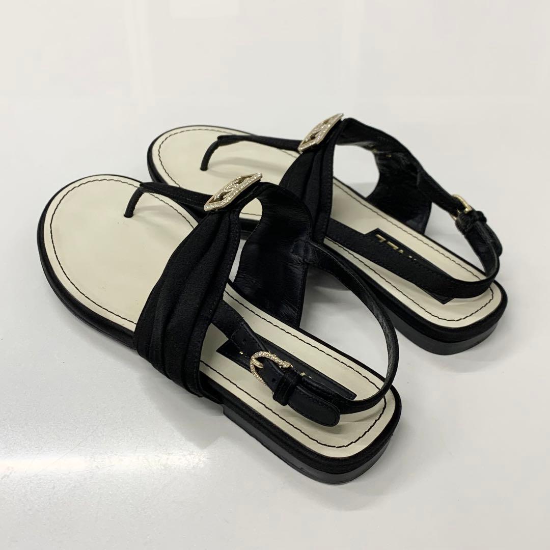 Chanel CC Logo Satin Line Stone Thong Sandals Black — view 4