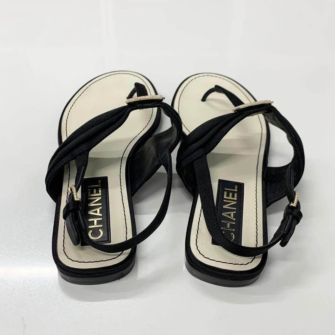 Chanel CC Logo Satin Line Stone Thong Sandals Black — view 5