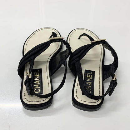 Chanel CC Logo Satin Line Stone Thong Sandals Black — view 5