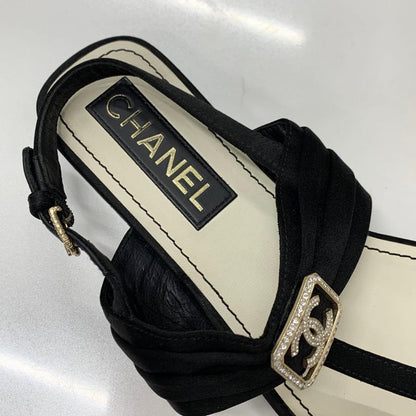 Chanel CC Logo Satin Line Stone Thong Sandals Black — view 7