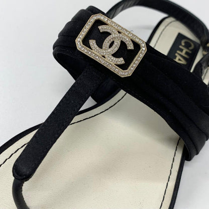 Chanel CC Logo Satin Line Stone Thong Sandals Black — view 9