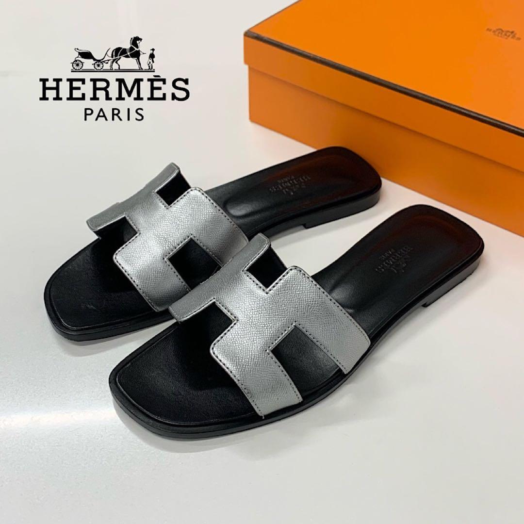 Hermes Oran Leather Sandals Silver Black
