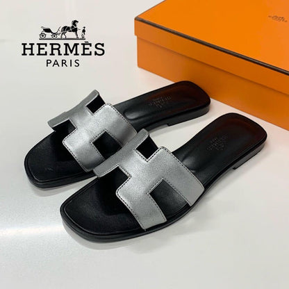Hermes Oran Leather Sandals Silver Black