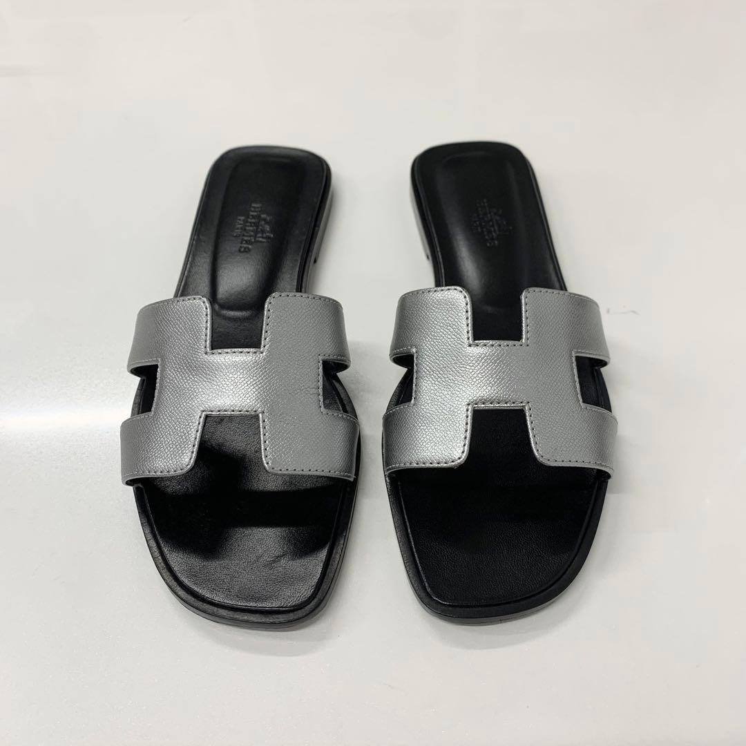 Hermes Oran Leather Sandals Silver Black — view 2