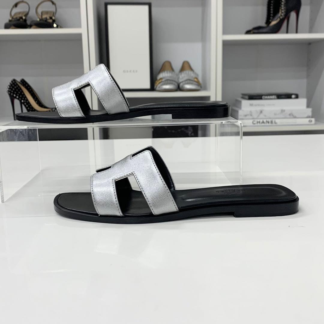 Hermes Oran Leather Sandals Silver Black — view 3