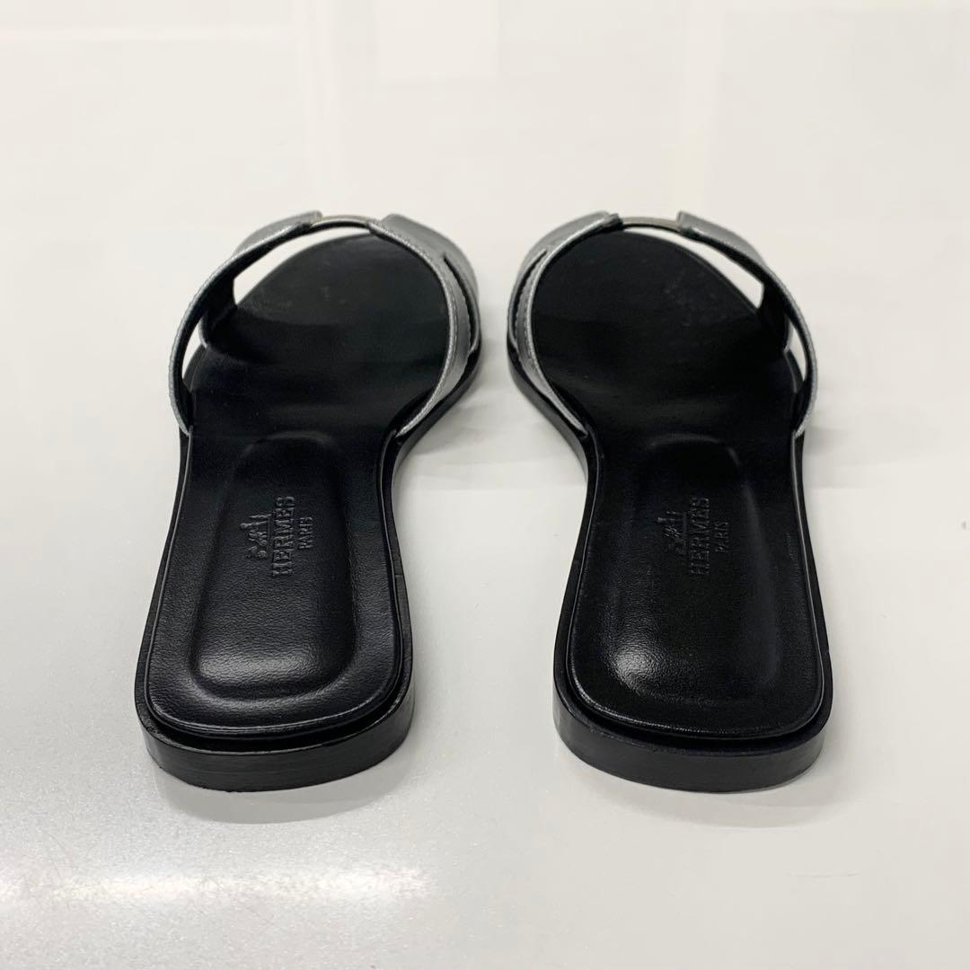 Hermes Oran Leather Sandals Silver Black — view 5