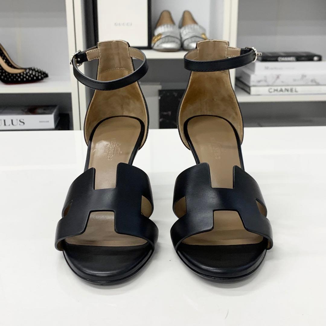 Hermes Legend Leather Wedge Sole Sandals Black