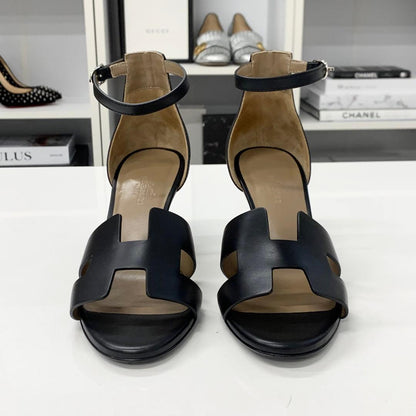 Hermes Legend Leather Wedge Sole Sandals Black