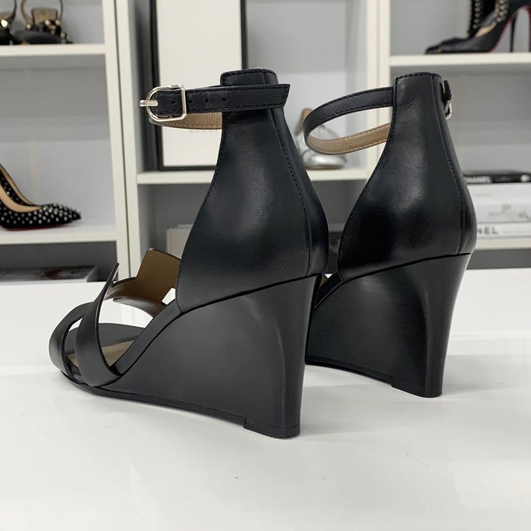 Hermes Legend Leather Wedge Sole Sandals Black