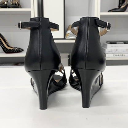 Hermes Legend Leather Wedge Sole Sandals Black