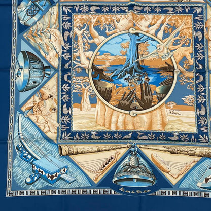 Hermes Scarf Carre 90 Au Son Du Tam To The Sound Of Tam Silk Blue