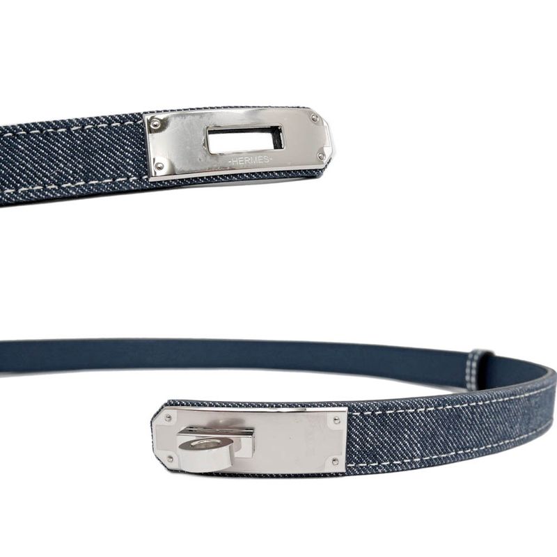 Hermes Kelly Belt 18 Denim Epson Blue Series Silver Hardware W Engraved