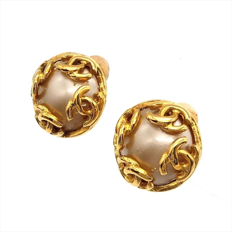 Chanel Earring 95A Gold Coco Mark Faux Pearl Vintage