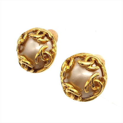 Chanel Earring 95A Gold Coco Mark Faux Pearl Vintage
