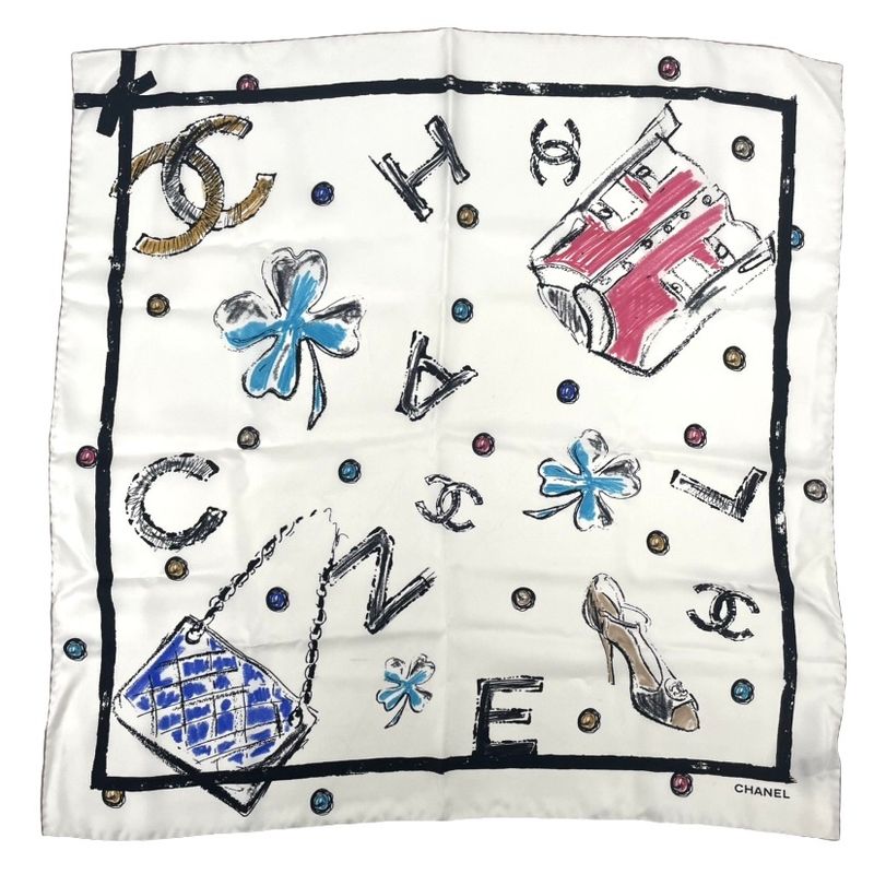 Chanel Icon Motif Scarf Coco Mark Silk White With Box