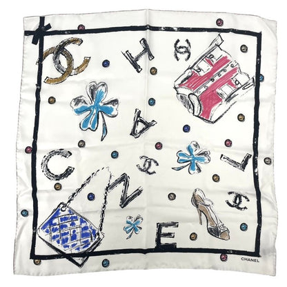 Chanel Icon Motif Scarf Coco Mark Silk White With Box