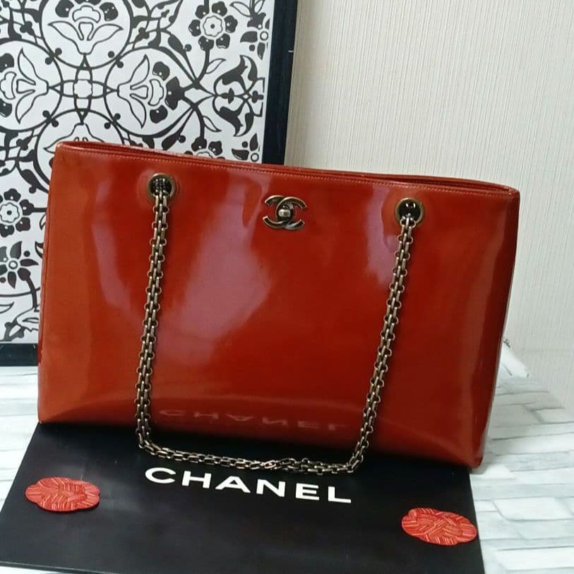 Chanel Chain Shoulder Enamel Red Brown Mademoiselle