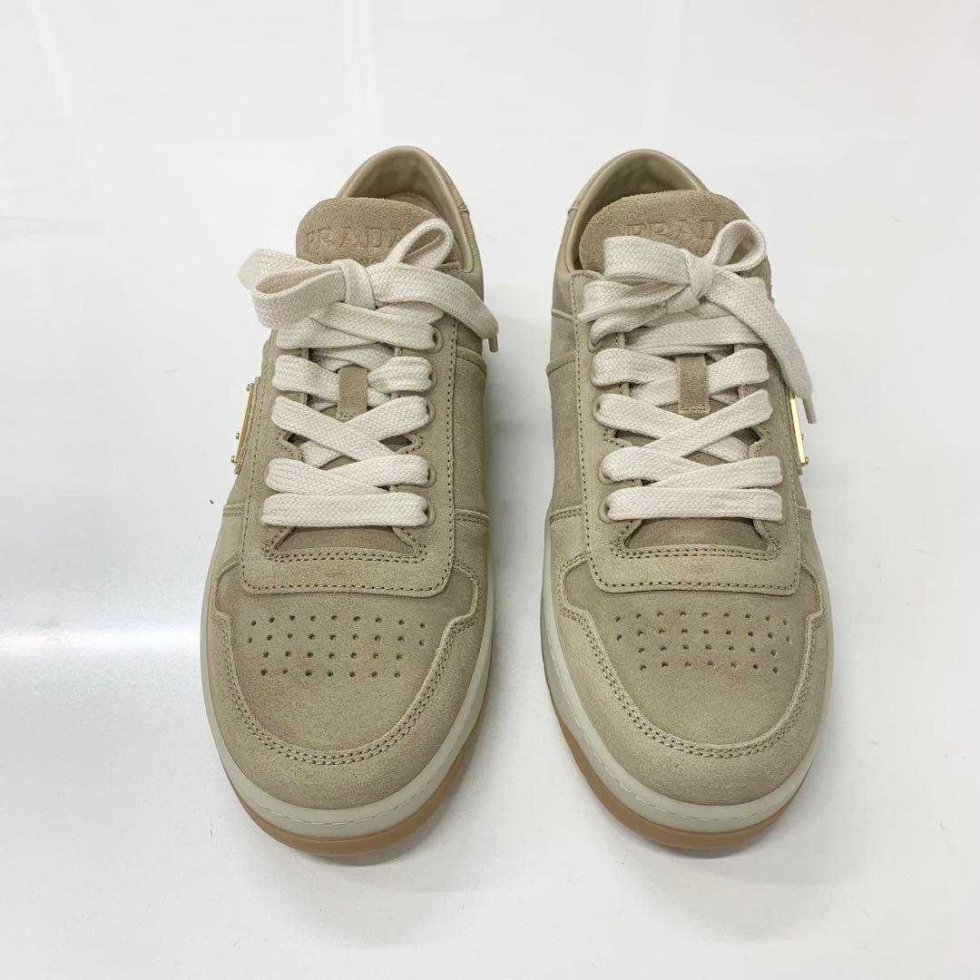 Prada Downtown Logo Delave Suede Sneakers Beige