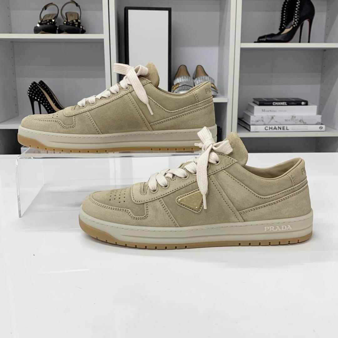 Prada Downtown Logo Delave Suede Sneakers Beige