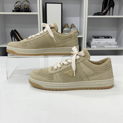 Prada Downtown Logo Delave Suede Sneakers Beige