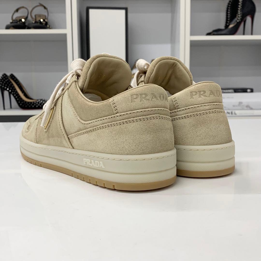 Prada Downtown Logo Delave Suede Sneakers Beige