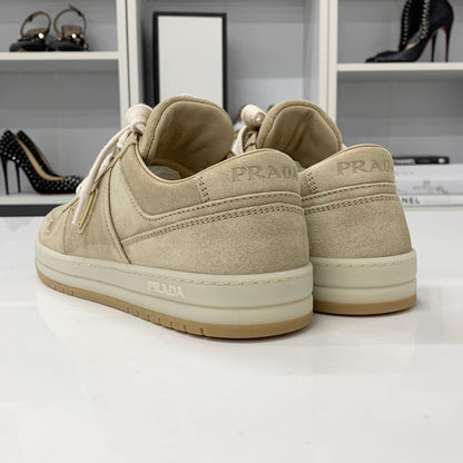Prada Downtown Logo Delave Suede Sneakers Beige