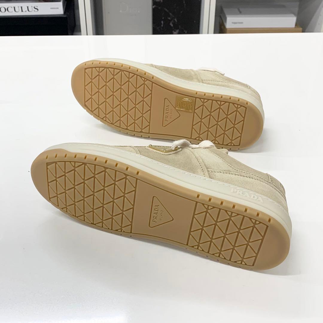Prada Downtown Logo Delave Suede Sneakers Beige