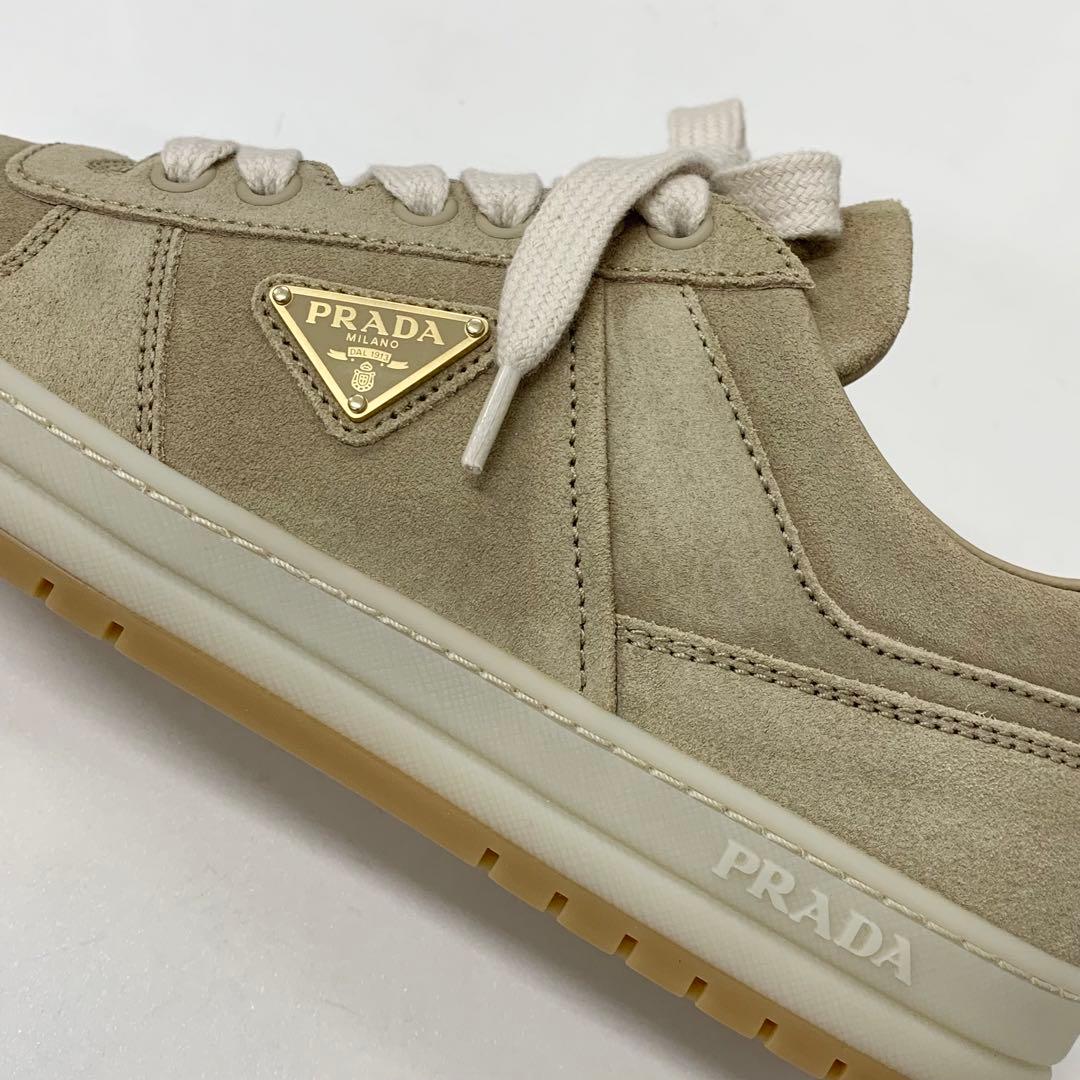 Prada Downtown Logo Delave Suede Sneakers Beige