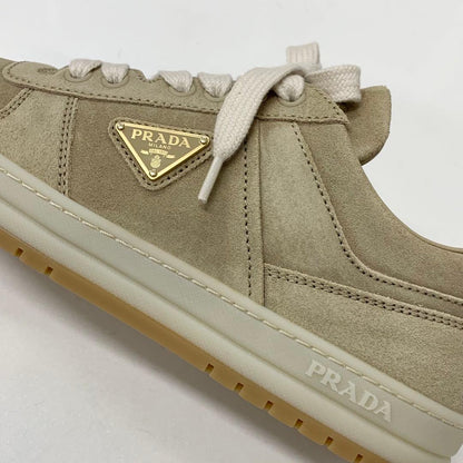 Prada Downtown Logo Delave Suede Sneakers Beige