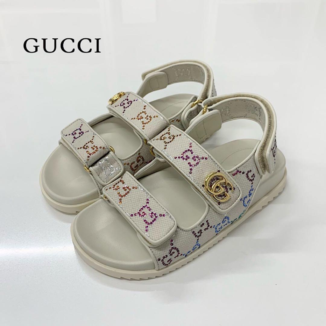 Gucci Double Rhinestone Fabric Leather Flat Sandals