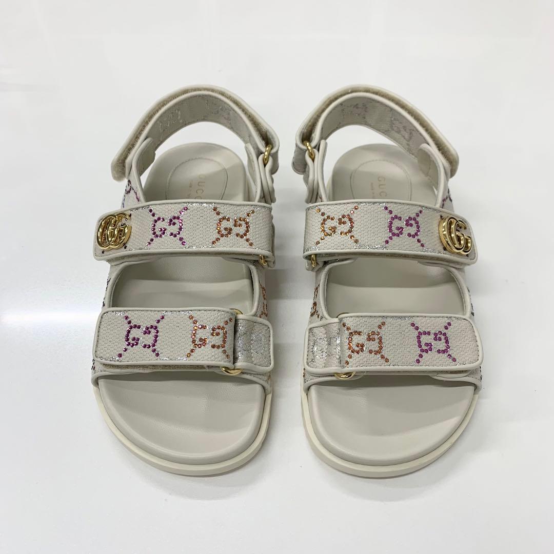 Gucci Double Rhinestone Fabric Leather Flat Sandals — view 2