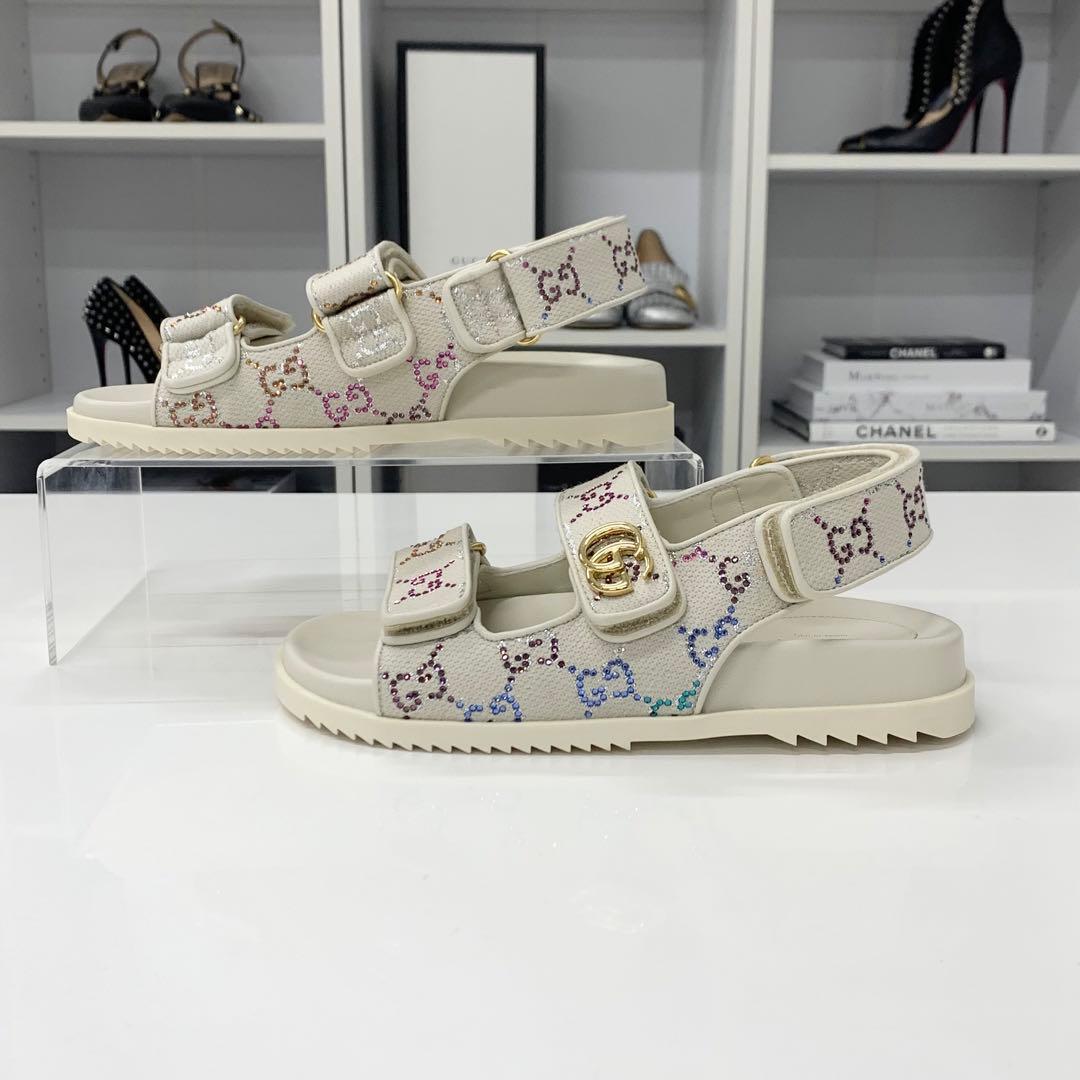 Gucci Double Rhinestone Fabric Leather Flat Sandals — view 3